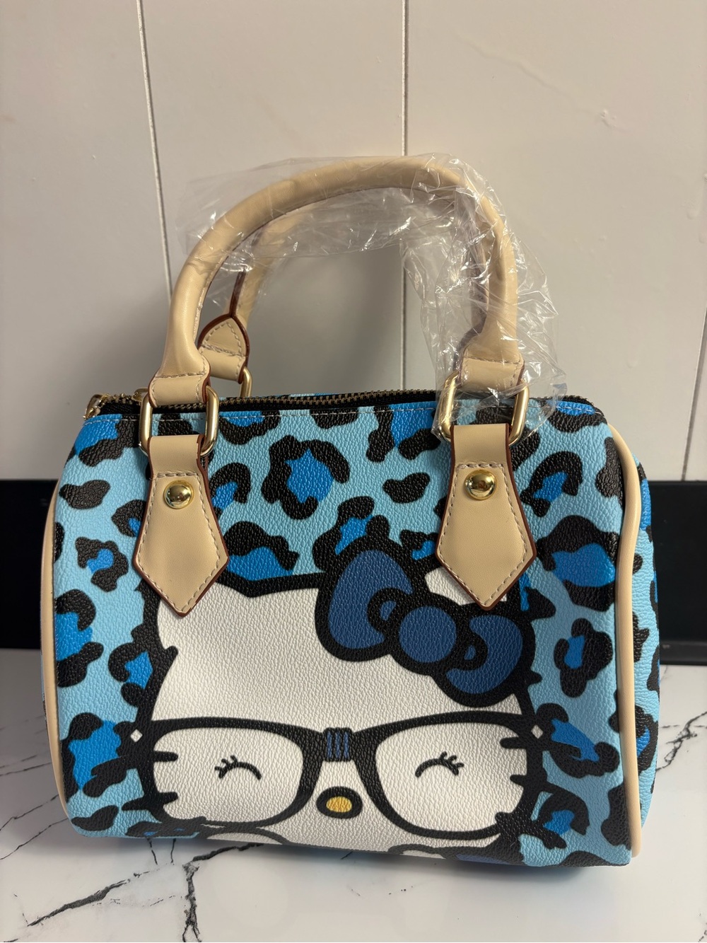 Hello Kitty Blue Leopard Print Satchel with Beige Trim